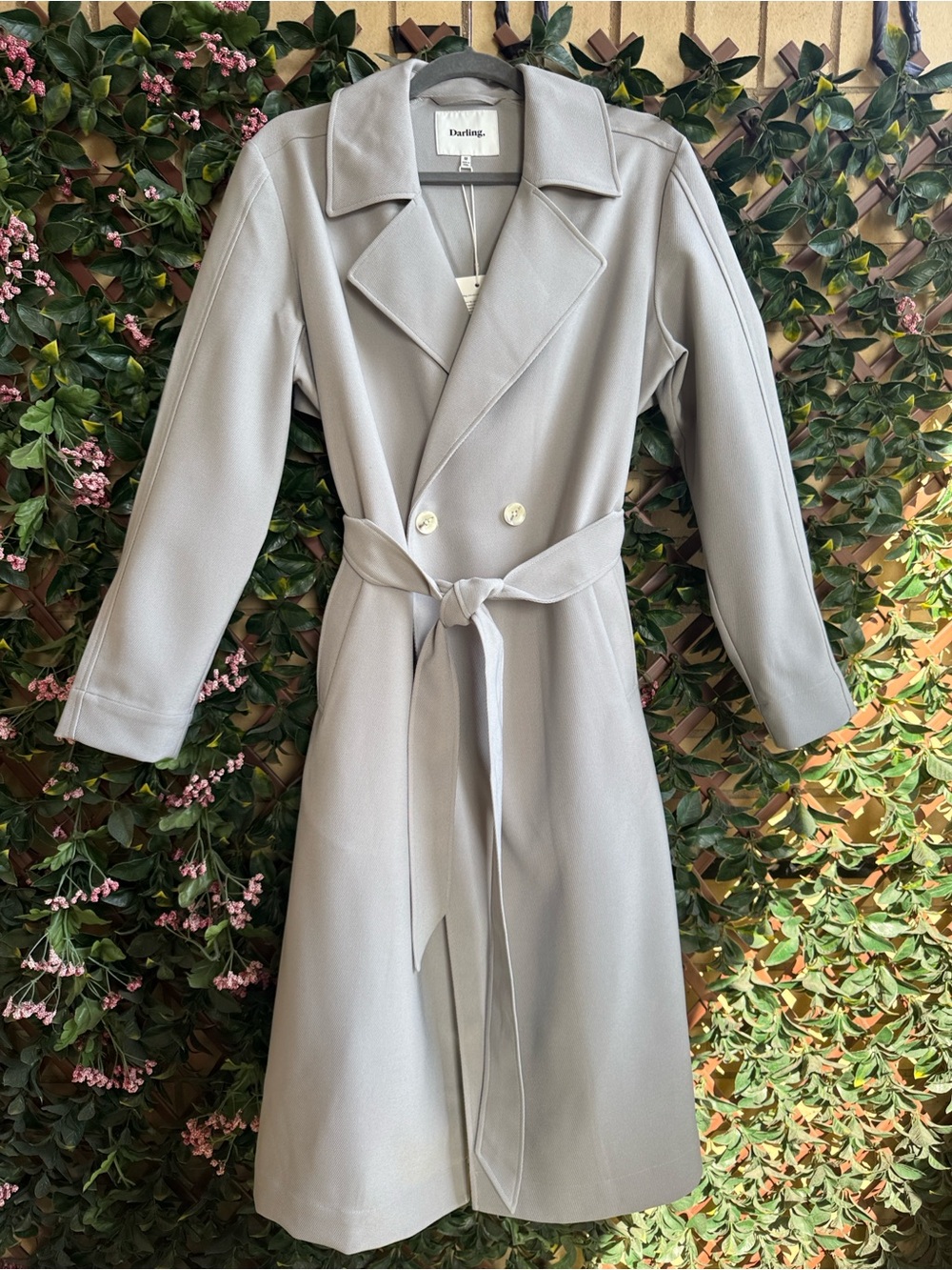 Darling Gray Double-Breasted Trench Coat with Self-Tie Belt- NEW WITH TAGS 🏷️